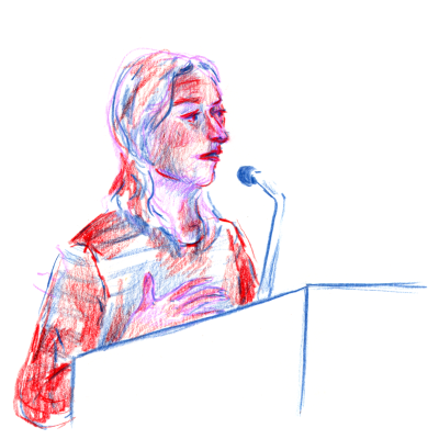 Illustration of a woman speaking at a podium with a microphone